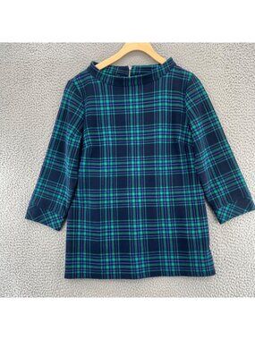 Talbots Top Women Medium Blue Green Plaid Knit 3/4 Sleeve Tunic Portrait Collar